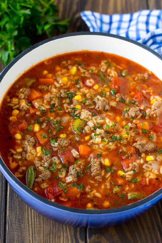 Alphabet Soup Recipe | Hamburger Soup | Beef and Vegetable Soup #soup #hamburger #noodles #dinner #sadud #carrots A pot of alphabet soup with ground beef and vegetables.