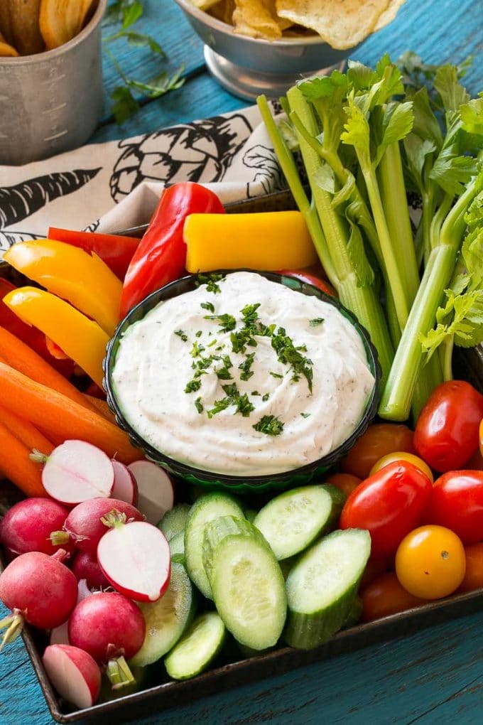 Homemade Ranch Dip Recipe | Homemade Ranch Powder | Homemade Ranch Dressing | Best Ranch Dip #ranch #dip #appetizer #snack #sadud A bowl of homemade ranch dip surrounded by fresh vegetables.