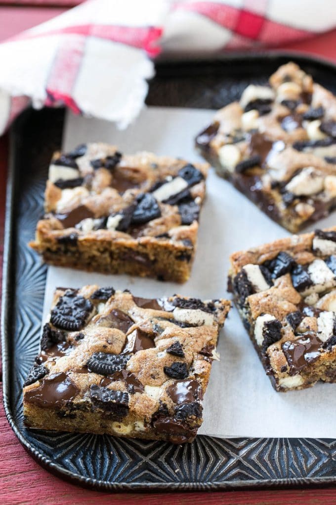 Cookies and Cream Bars Recipe | Oreo Bars | Blondie Recipe #chocolate #oreo #blondies #baking #cookies #sadud Cookies on a sheet pan.