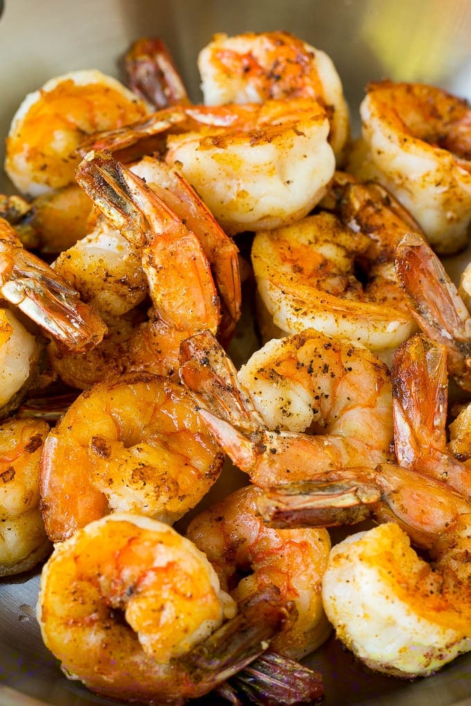 A pan of seared Mexican style shrimp.