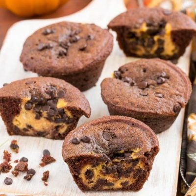 A rich chocolate muffin with a surprise chocolate chip pumpkin cheesecake center.