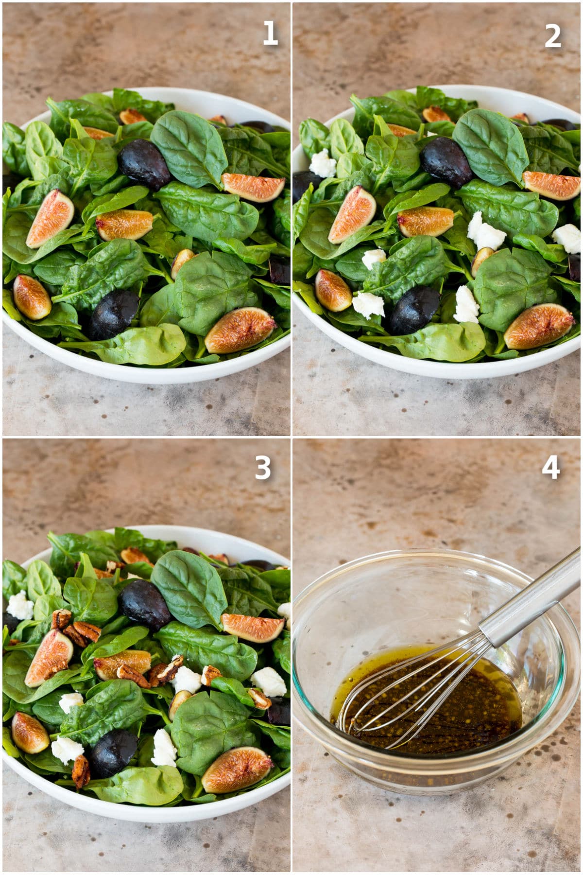 Step by step process shots showing how to make a fig and spinach salad.