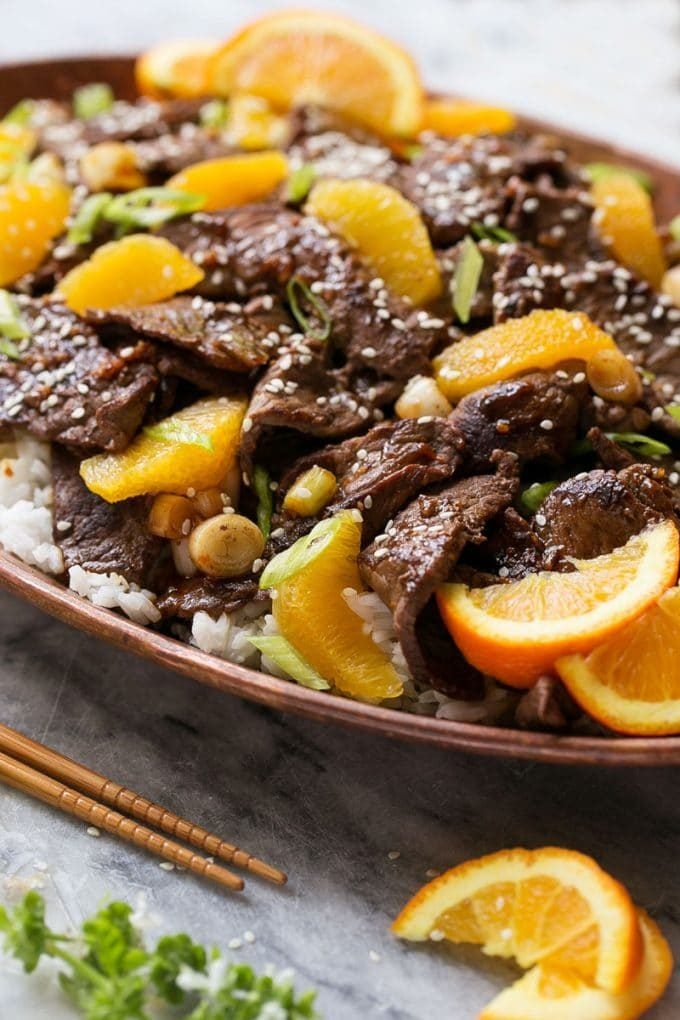 Orange Beef Stir Fry Recipe | 4 Ingredient Orange Beef | Easy Orange Beef #orange #beef #stirfry #asian #dinner #sadud A platter of beef in orange sauce.