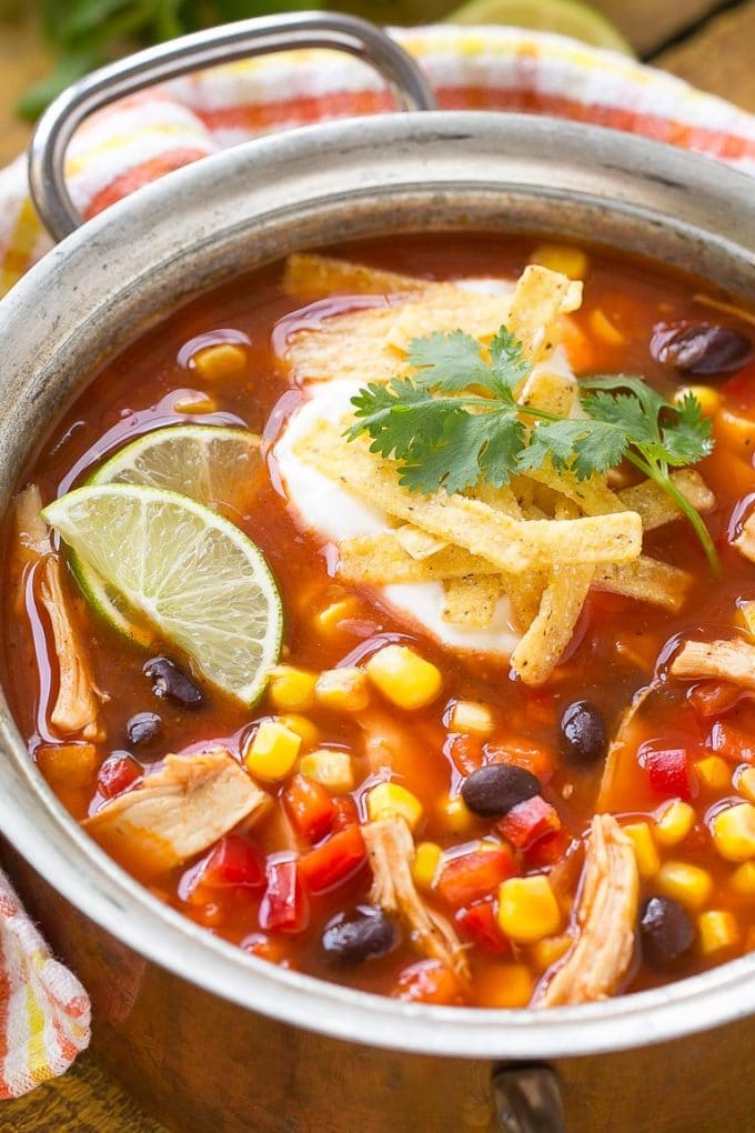 A pot of chicken taco soup that is hearty and ready to serve in just 25 minutes.