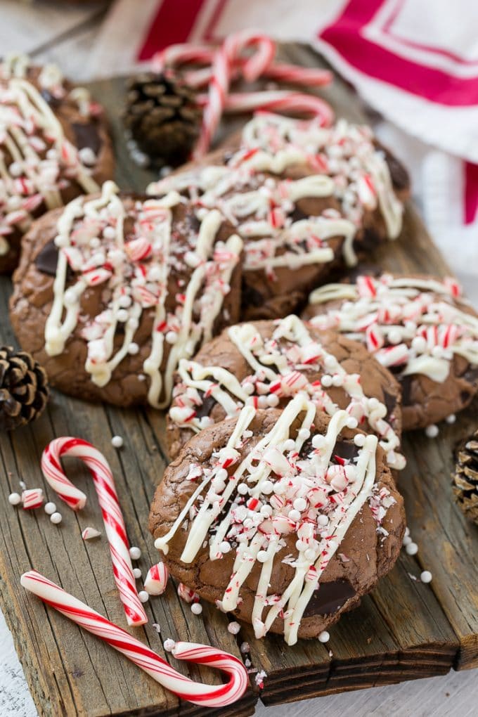Peppermint Bark Cookie | Easy Peppermint Bark Cookies | Christmas Cookies | Peppermint Bark Cookies | Chocolate Peppermint Cookie #peppermint #peppermintbark #cookies #christmas #holiday #dessert #sadud Peppermint Bark Cookies drizzled with white chocolate.