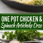 This one pot chicken with creamy spinach artichoke pasta is made with seared chicken breasts, orzo pasta, fresh spinach, artichokes and plenty of cheese. It's a quick and easy weeknight dinner with less dishes to do at the end!