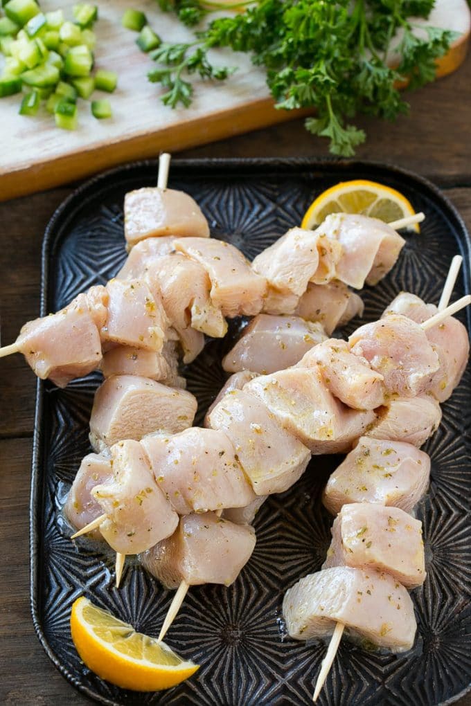 Greek Chicken Souvlaki Recipe | Easy Greek Chicken | Chicken Souvlaki | Greek Chicken Skewers | Easy Greek Chicken Skewers #chicken #kabobs #glutenfree #keto #lowcarb #grilling #sadud Chunks of marinated chicken breast threaded onto skewers to be grilled.