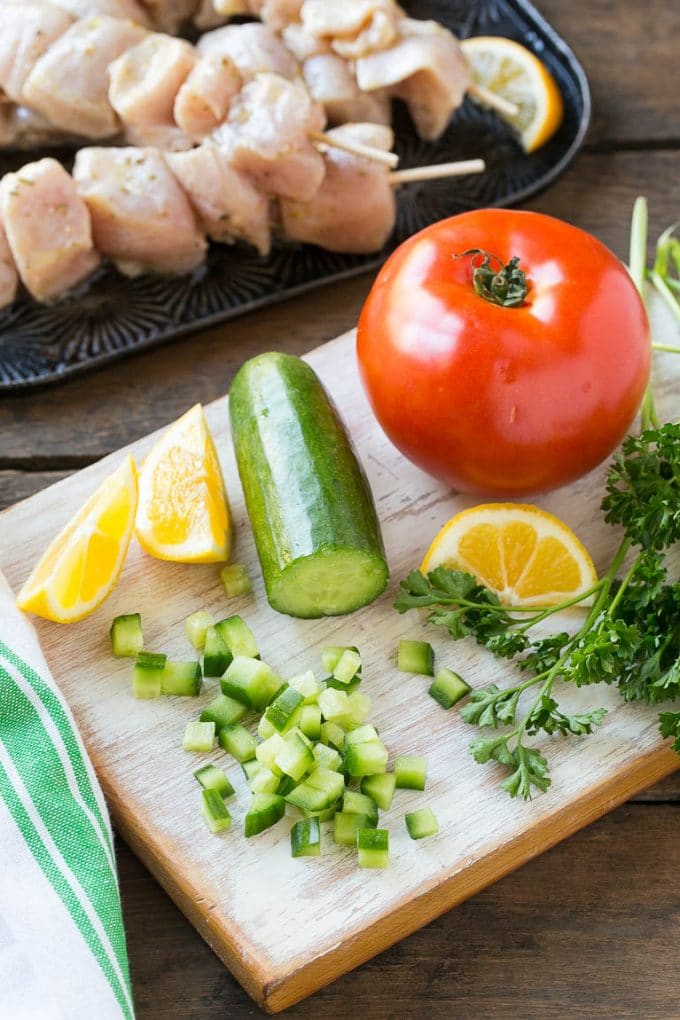 Greek Chicken Souvlaki Recipe | Easy Greek Chicken | Chicken Souvlaki | Greek Chicken Skewers | Easy Greek Chicken Skewers #chicken #kabobs #glutenfree #keto #lowcarb #grilling #sadud Ingredients for the cucumber yogurt sauce.