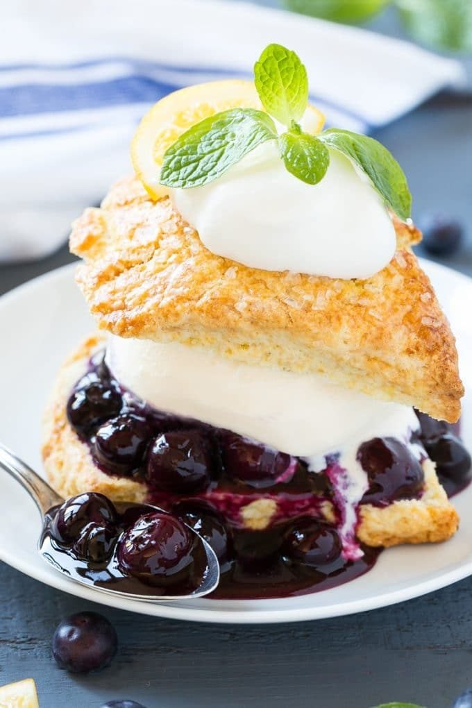 Blueberry shortcake with homemade biscuits, blueberry sauce and ice cream.