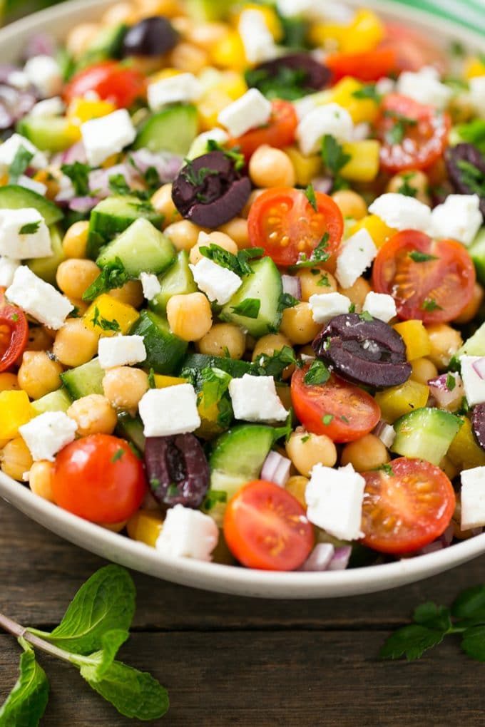 Greek Salad | Chopped Greek salad | Chopped Salad #salad #vegetarian #cheese #chickpeas #lunch #sadud A bowl of Greek salad made with chopped vegetables.