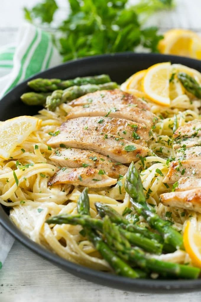 Lemon Asparagus Pasta with Grilled Chicken Recipe | Asparagus Pasta | Grilled Chicken Pasta | Easy Pasta Recipe #pasta #asparagus #lemon #chicken #dinner #sadud A skillet with lemon asparagus pasta, cream sauce and sliced grilled chicken.