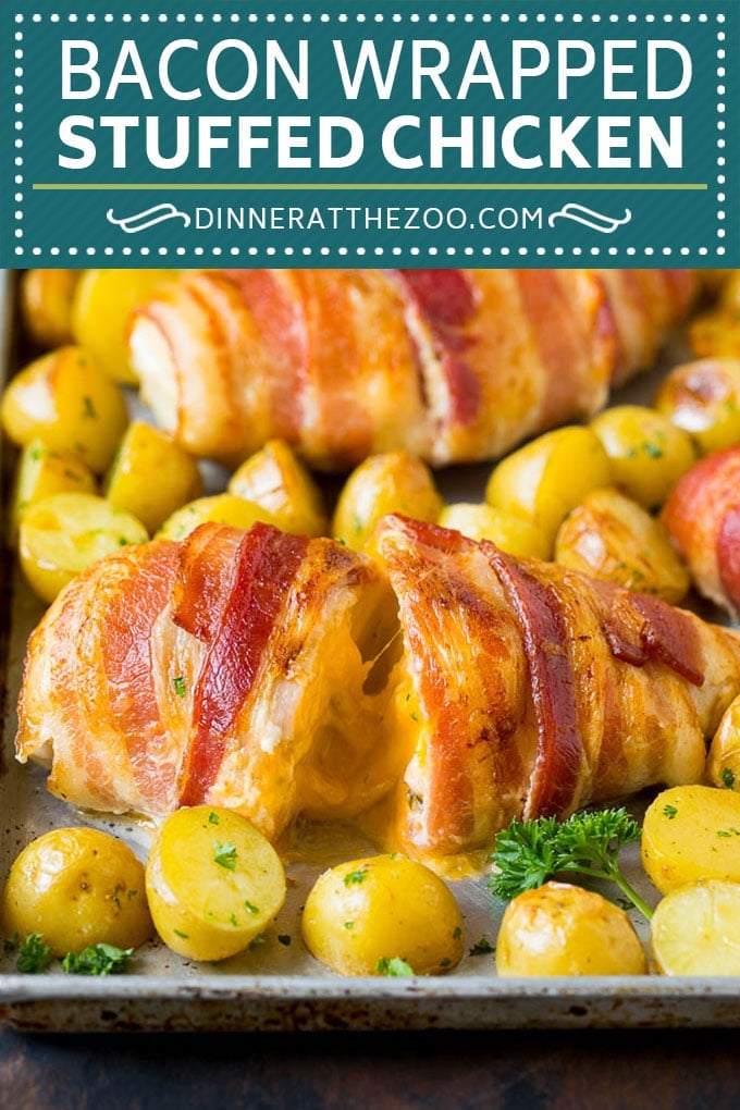 Bacon Wrapped Stuffed Chicken Breast Recipe | Sheet Pan Chicken #chicken #dinner #onepan #bacon #potatoes #sadud