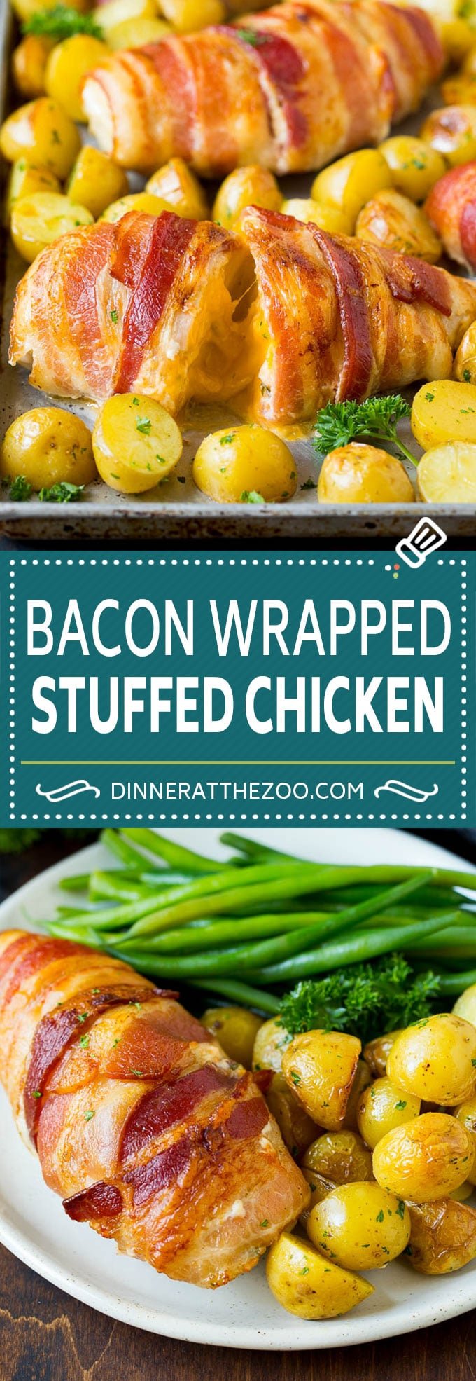 Bacon Wrapped Stuffed Chicken Breast Recipe | Sheet Pan Chicken #chicken #dinner #onepan #bacon #potatoes #sadud