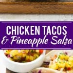 This recipe for pulled chicken tacos with pineapple salsa is flavorful shredded chicken combined topped with sweet and tangy salsa and creamy cilantro sauce, all stuffed inside warm corn tortillas.