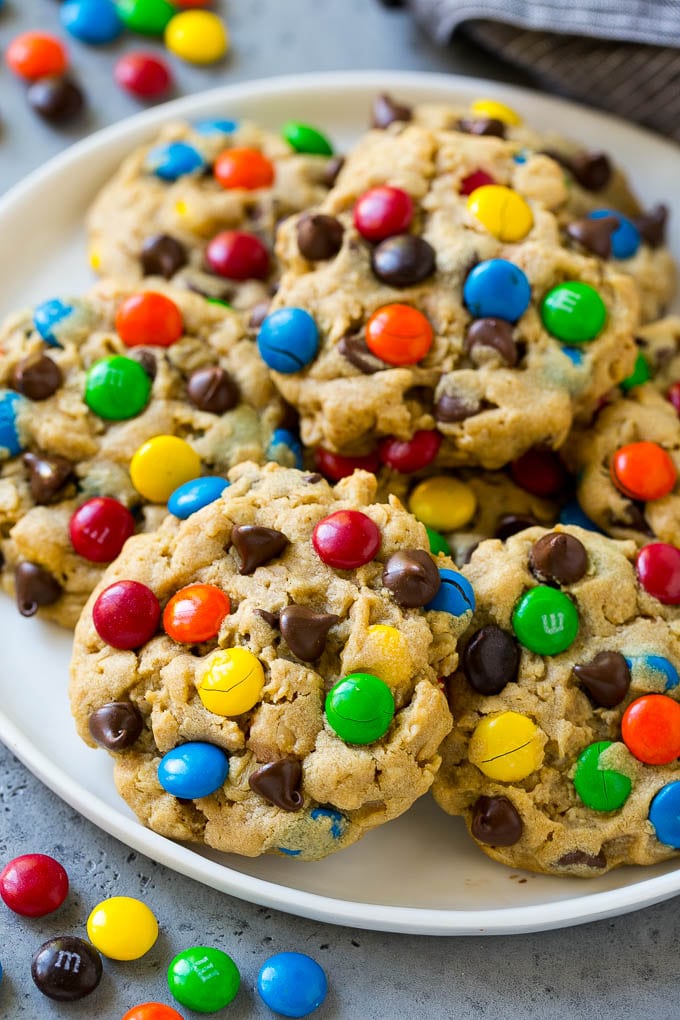 Monster Cookies Recipe | Oatmeal Cookies | Peanut Butter Cookies | M&M's Cookies #baking #cookies #dessert #peanutbutter #chocolate #sadud A plate of monster cookies which are made with oats, peanut butter, chocolate chips and M&M's.