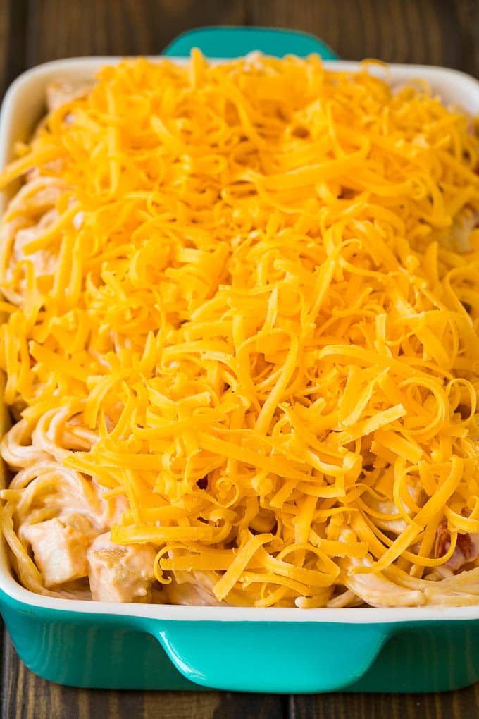 Chicken Spaghetti Recipe | Baked Spaghetti #pasta #spaghetti #chicken #cheese #casserole #dinner #sadud A baking dish of creamy spaghetti topped with cheese.