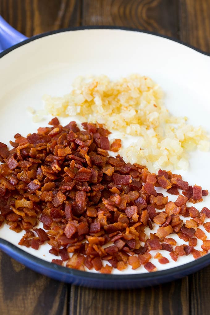 Butternut Squash Pasta Recipe #pasta #squash #bacon #fall #dinner #sadud Bacon, onions and garlic in a skillet.