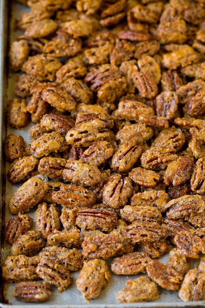 Candied Pecans Recipe | Glazed Pecans | Sugared Pecans #pecans #nuts #snack #dessert #sadud Cooked glazed nuts on a sheet pan.