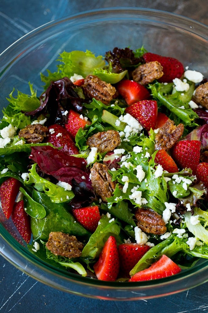 Candied Pecans Recipe | Glazed Pecans | Sugared Pecans #pecans #nuts #snack #dessert #sadud Candied pecans in a salad with strawberries and feta cheese.