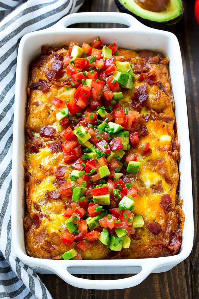 Breakfast Casserole with Bacon Recipe | Bacon and Egg Casserole | Egg Casserole with Bacon | Bacon Breakfast Casserole #eggs #bacon #casserole #breakfast #brunch #sadud A breakfast casserole with bacon that is topped with avocado and tomato.