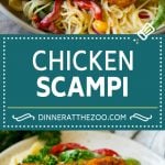 This chicken scampi recipe is golden brown chicken tenderloins with peppers and onions over pasta, all tossed in a white wine and butter sauce.