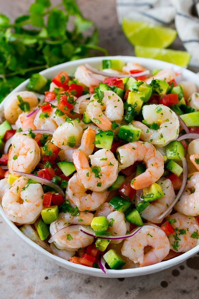 Shrimp Ceviche Recipe | Mexican Shrimp | Marinated Shrimp #shrimp #ceviche #cleaneating #healthy #lowcarb #keto #glutenfree #dinner #appetizer #sadud A bowl of shrimp ceviche marinated in citrus juice with tomato, avocado, cilantro and jalapeno.