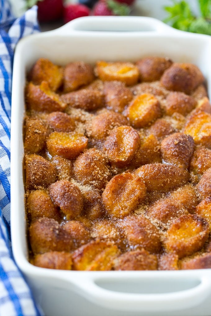 Donut Bread Pudding Recipe | Easy Bread Pudding | Cinnamon Donuts | Make Ahead Breakfast Recipe #breadpudding #donuts #donutholes #breakfast #sadud A baking dish of cinnamon sugar donut bread pudding.
