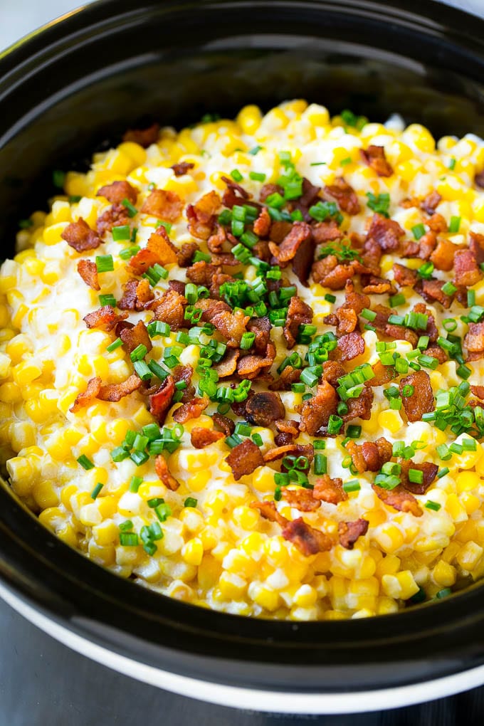 Slow Cooker Creamed Corn Recipe | Easy Creamed Corn Recipe | Slow Cooker Creamed Corn with Bacon | Southern Creamed Corn | Creamed Corn with Cream Cheese #creamedcorn #corn #bacon #crockpot #slowcooker #dinner #sadud Slow cooker creamed corn with Bacon and sliced chives.