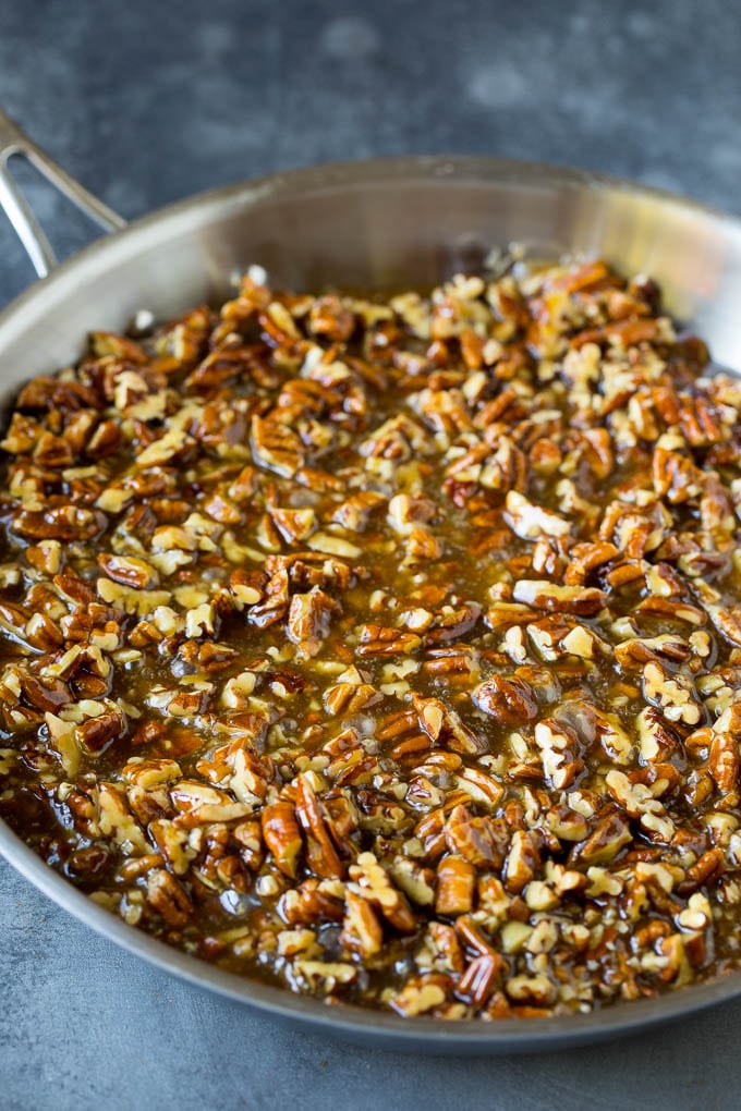 Pecan Pie Bars Recipe #pecans #pie #fall #pecanpie #dessert #thanksgiving #sadud Pecan pie filling in a pan.