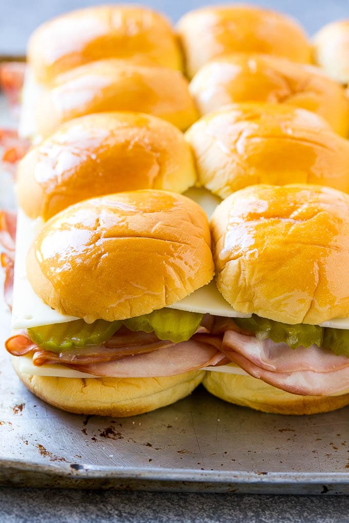 Cuban Sliders Recipe | Cuban Sandwich Recipe | Slider Sandwiches | Ham and Cheese Sliders #sliders #sandwiches #ham #cheese #appetizer #sadud Assembled slider sandwiches ready to go into the oven.
