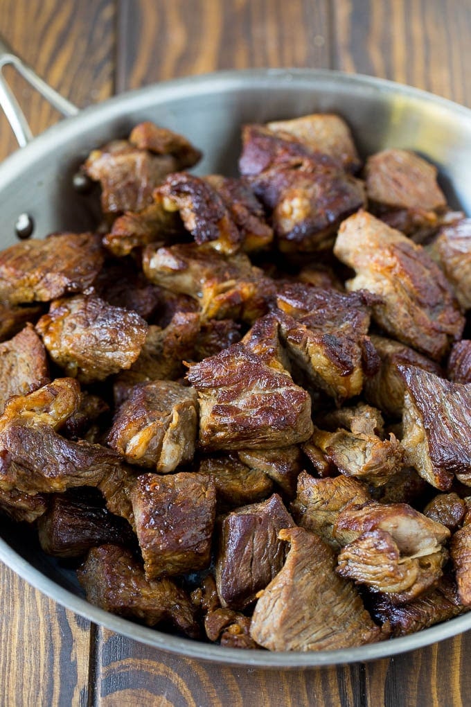 Slow Cooker Beef Stew Recipe | Crockpot Beef Stew #stew #soup #beef #slowcooker #crockpot #dinner #sadud Browned beef in a skillet.