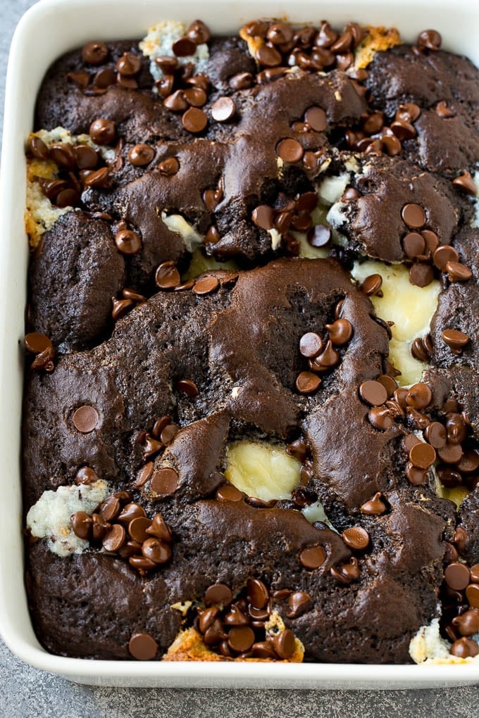 Earthquake Cake Recipe | Chocolate Cake Recipe | Chocolate Coconut Cake | Coconut Pecan Cake #cake #chocolate #coconut #pecans #dessert #chocolatecake #sadud An overhead shot of chocolate cream cheese cake.
