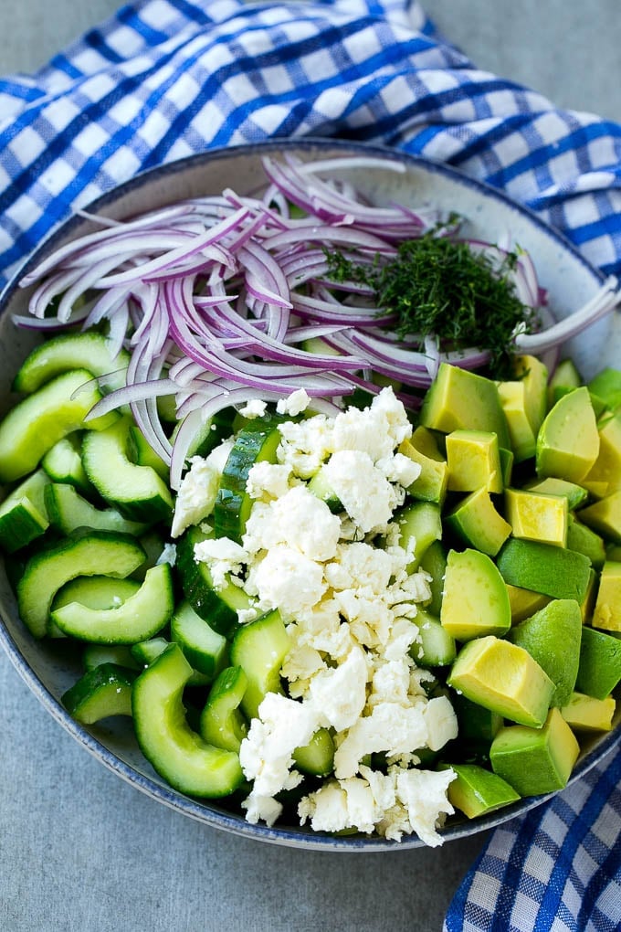 Cucumber Feta Salad Recipe | Cucumber Salad | Feta Cheese Salad | Summer Salad #salad #cucumber #sadud Salad ingredients in a bowl.