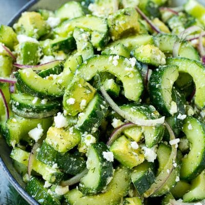Cucumber feta salad with avocado, dill and red onions, all tossed in a Greek style dressing.