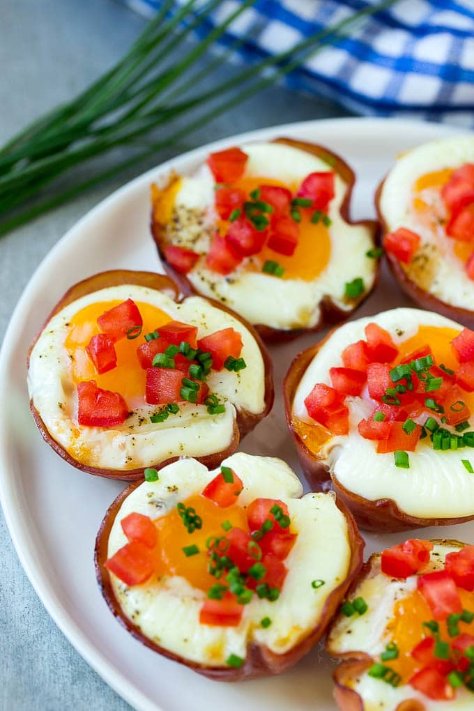 Ham and Egg Cups Recipe | Low Carb Breakfast | Ham and Eggs #ham #eggs #lowcarb #breakfast #sadud A plate of ham cups filled with eggs and cheese.