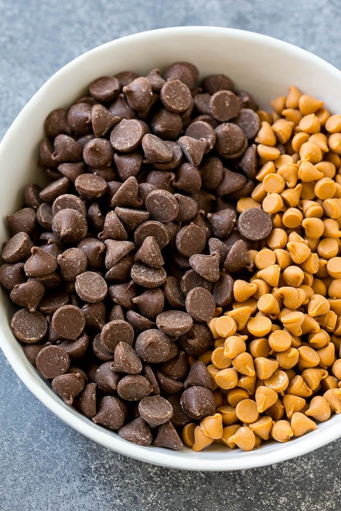 Haystack Cookies Recipe | No Bake Cookies | Chow Mein Noodle Cookies #nobakecookies #cookies #recipe #chocolate #sadud A mixing bowl of milk chocolate and butterscotch chips.