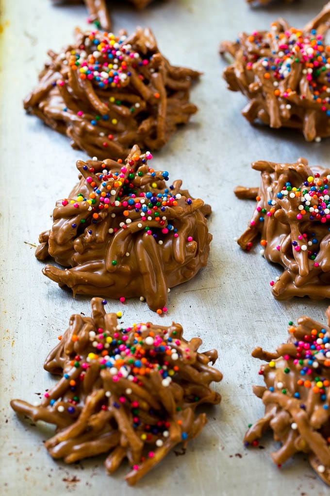 Haystack Cookies Recipe | No Bake Cookies | Chow Mein Noodle Cookies #nobakecookies #cookies #recipe #chocolate #sadud Haystack cookies made with chow mein noodles on a baking sheet.