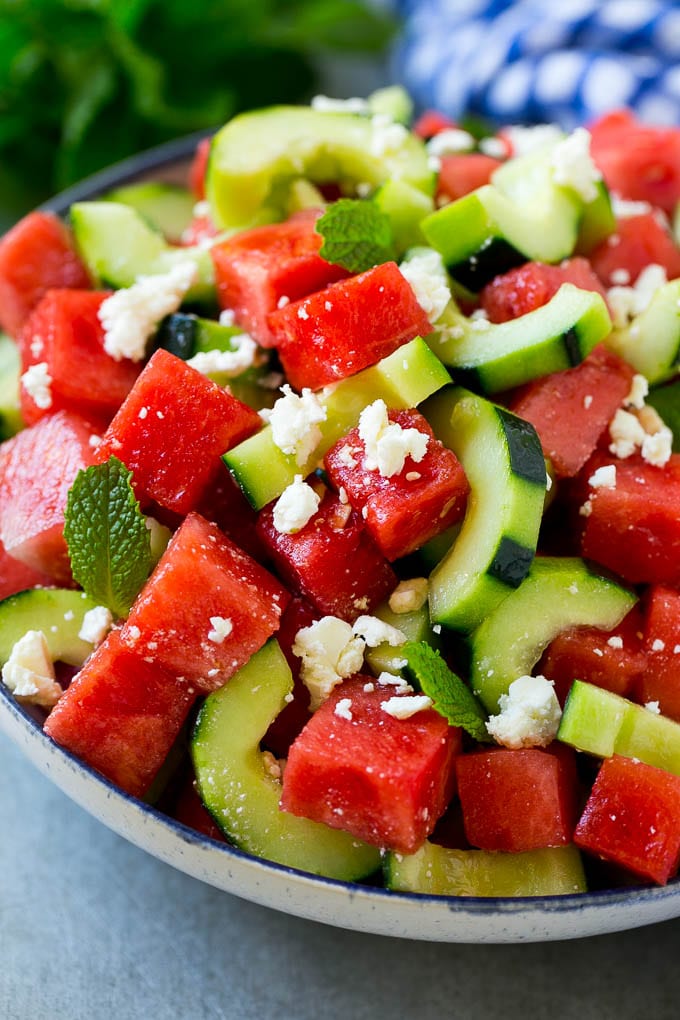 Watermelon Salad Recipe | Watermelon Feta Salad | Watermelon Cucumber Salad #watermelon #cucumber #salad #sadud Watermelon salad with cucumbers, feta cheese and mint in a serving bowl.