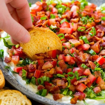 BLT dip with bacon, lettuce, tomato and green onions over a creamy ranch dip.