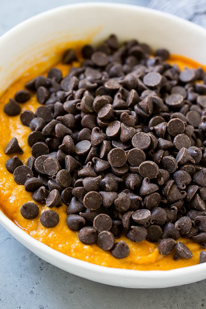 Pumpkin Chocolate Chip Cookies Recipe | Pumpkin Cookies | Pumpkin Chocolate Cookies #pumpkin #cookies #chocolate #baking #fall #sadud #dessert Batter with chocolate chips on top in a bowl.