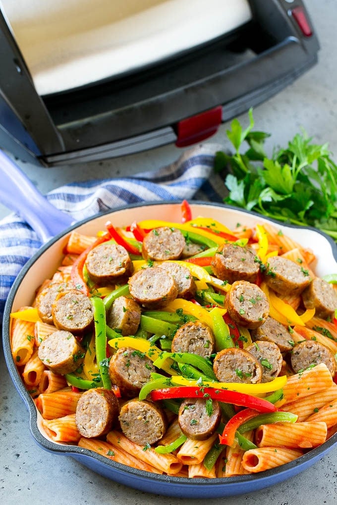 Sausage and Pepper Pasta Recipe | Italian Sausage Recipe | Sausage and Peppers | Easy Pasta #pasta #sausage #peppers #dinner #sadud Finished pasta in a skillet.