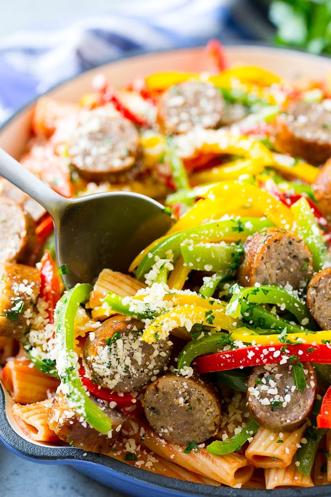 Sausage and Pepper Pasta Recipe | Italian Sausage Recipe | Sausage and Peppers | Easy Pasta #pasta #sausage #peppers #dinner #sadud Sausage and pepper pasta with Italian sausage, topped with parmesan cheese.