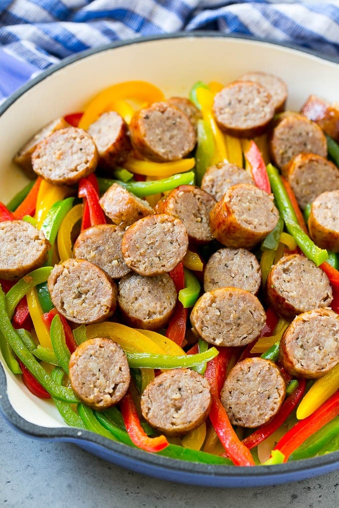 Sausage and Pepper Pasta Recipe | Italian Sausage Recipe | Sausage and Peppers | Easy Pasta #pasta #sausage #peppers #dinner #sadud Sausage and peppers in a skillet.