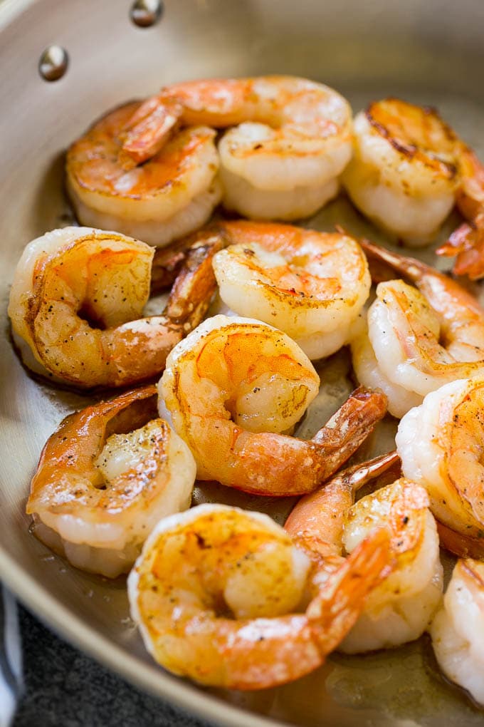 Shrimp Alfredo Recipe | Shrimp Alfredo Pasta | Shrimp Fettuccine Alfredo #shrimp #pasta #italianfood #sadud Seared shrimp in butter, in a skillet.