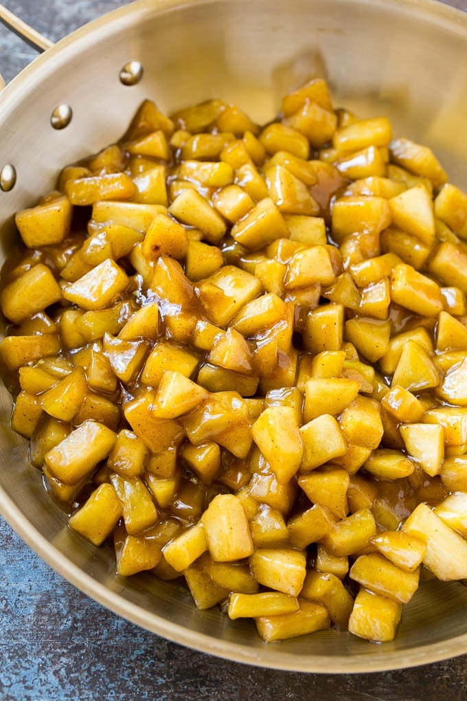 Fried Apple Pies Recipe | McDonald's Copycat Recipe | Apple Pie | Apple Hand Pies #pie #apples #applepie #dessert #snack #sadud Homemade apple pie filling in a skillet.