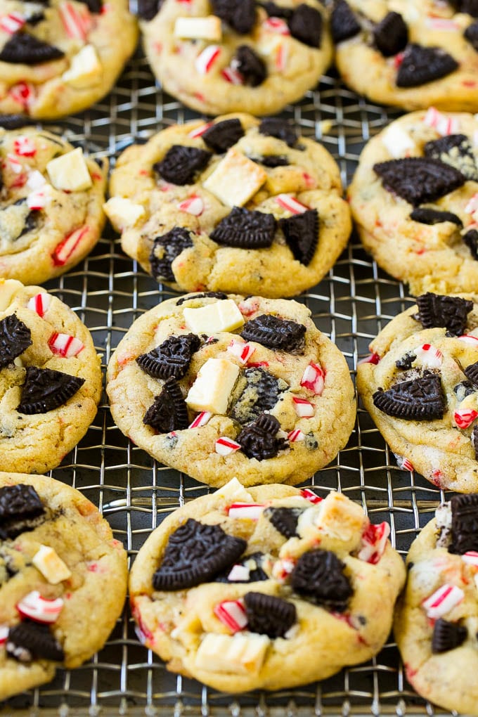 Oreo Peppermint Cookies Recipe | Candy Cane Cookies | Oreo Cookies #oreo #peppermint #cookies #baking #Christmas #sweets #sadud Oreo peppermint cookies on a cooling rack.