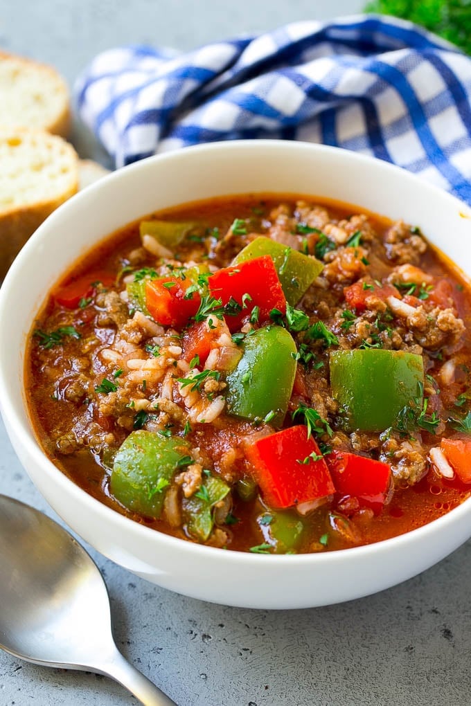 Stuffed Pepper Soup Recipe | Beef and Rice Soup | Stuffed Peppers #peppers #soup #beef #rice #dinner #sadud A bowl of stuffed pepper soup with ground beef, peppers and rice.