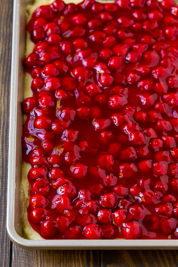 Cherry Bars Recipe | Cherry Pie Bars | Cherry Cookies | Bar Cookies #cookies #bars #cherry #baking #dessert #sweets #sadud Filling spread over a cookie crust.
