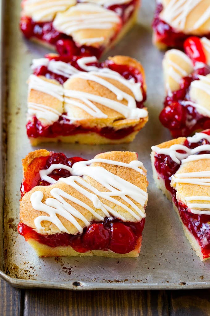 Cherry Bars Recipe | Cherry Pie Bars | Cherry Cookies | Bar Cookies #cookies #bars #cherry #baking #dessert #sweets #sadud Cherry bars made with almond cookie dough on a sheet pan.