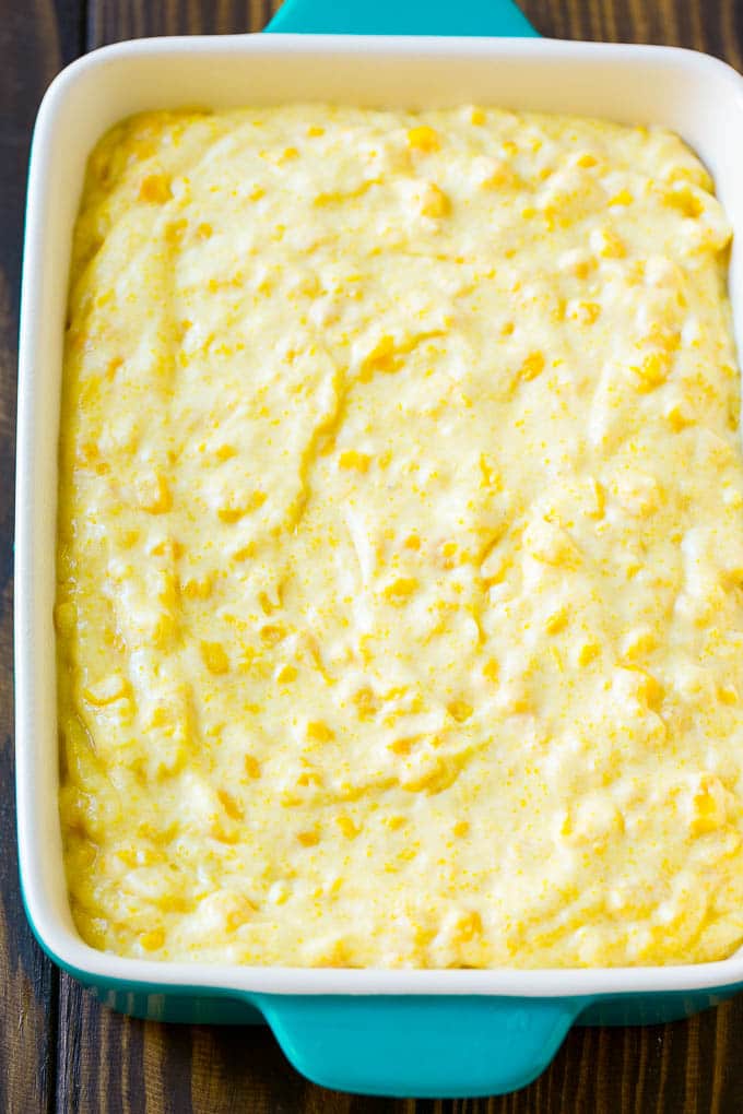 Corn Pudding Recipe | Corn Casserole | Corn Side Dish #corn #pudding #casserole #sidedish #thanksgiving #dinner #sadud Batter spread into a baking dish.